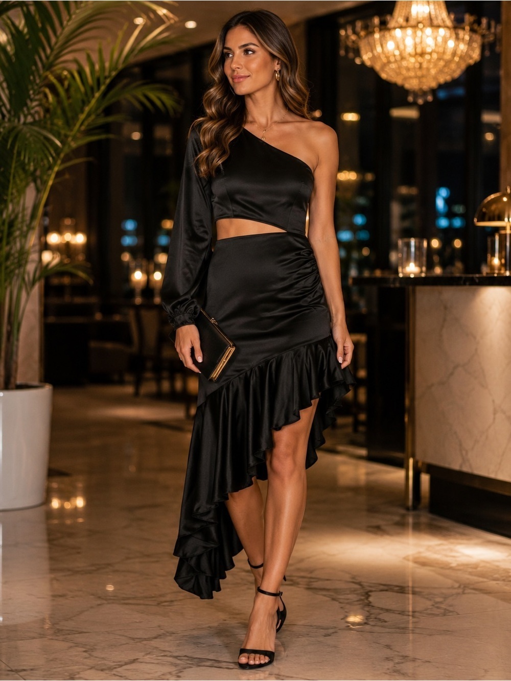 Forever 21 One-Shoulder Asymmetrical Ruffle Midi Dress Black